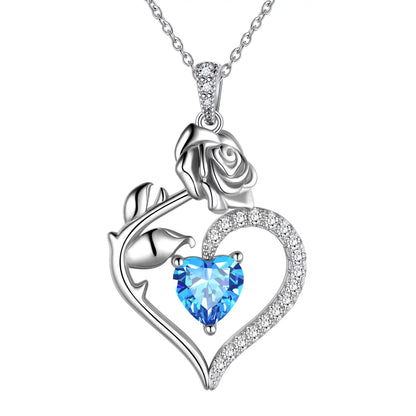 925 Sterling Silver Birthstone Necklace Rose Flower Heart Pendant Jewelry Gifts for Women