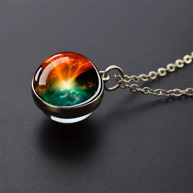 Solar System Universe Space Moon Sun Earth Planet Necklaces Two-Sided Glass Ball Pendant Nebula Necklace Women Men Jewelry Gift