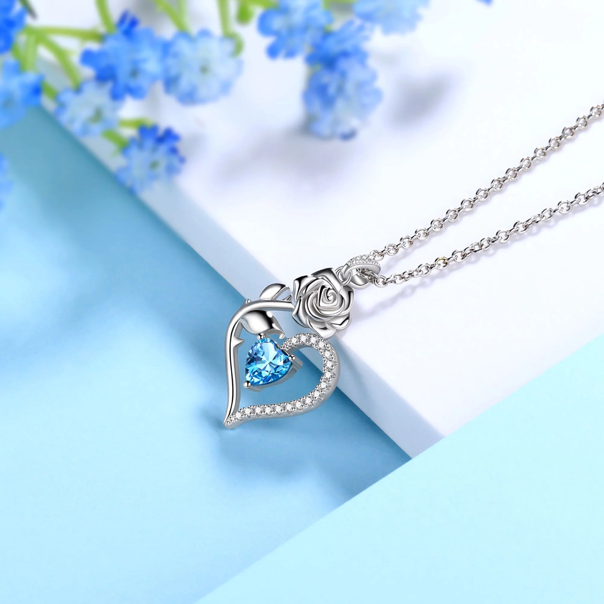 925 Sterling Silver Birthstone Necklace Rose Flower Heart Pendant Jewelry Gifts for Women