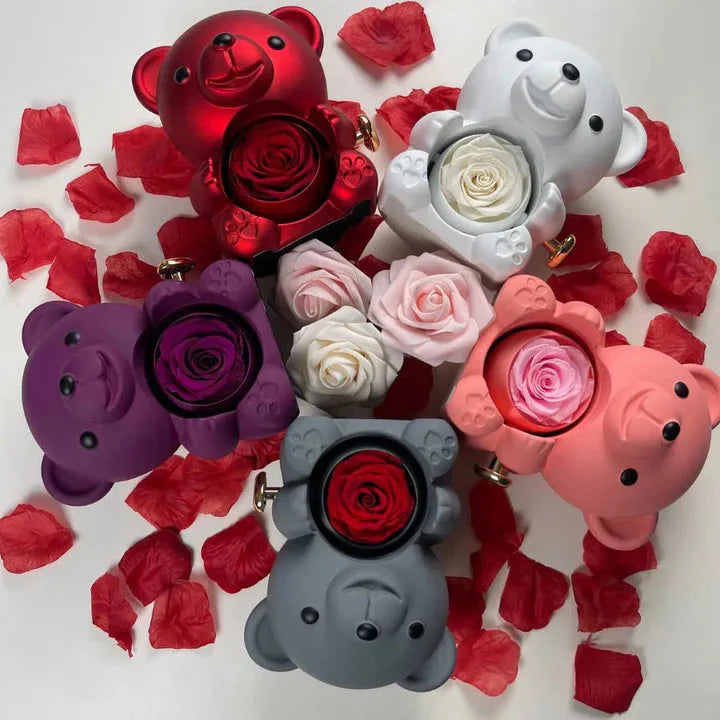 Eternal Love Rose Teddy Bear Gift Box with Rotating Rose Jewelry Case