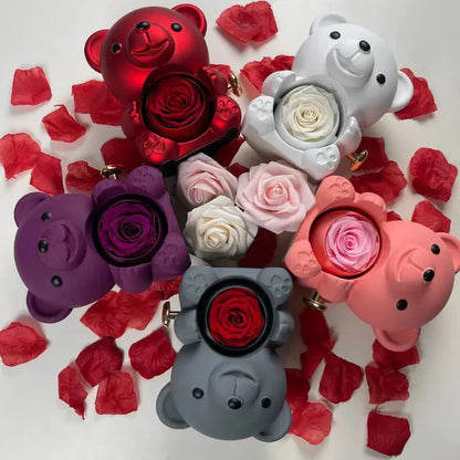 Eternal Love Rose Teddy Bear Gift Box with Rotating Rose Jewelry Case