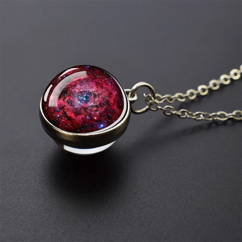 Solar System Universe Space Moon Sun Earth Planet Necklaces Two-Sided Glass Ball Pendant Nebula Necklace Women Men Jewelry Gift