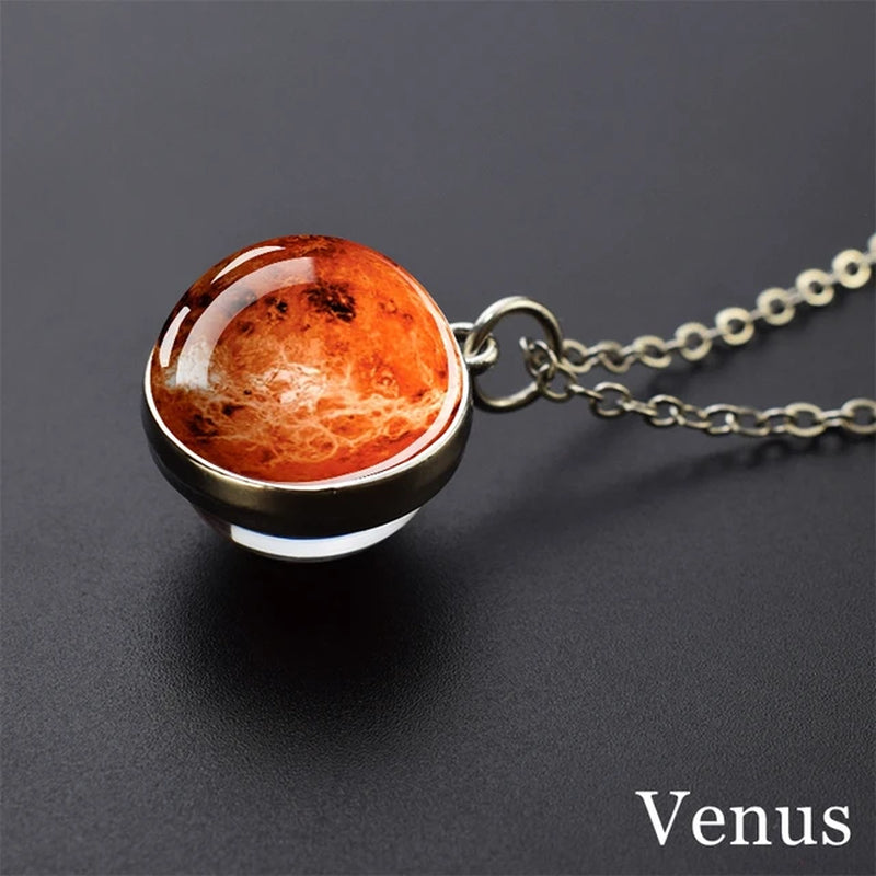 Solar System Universe Space Moon Sun Earth Planet Necklaces Two-Sided Glass Ball Pendant Nebula Necklace Women Men Jewelry Gift