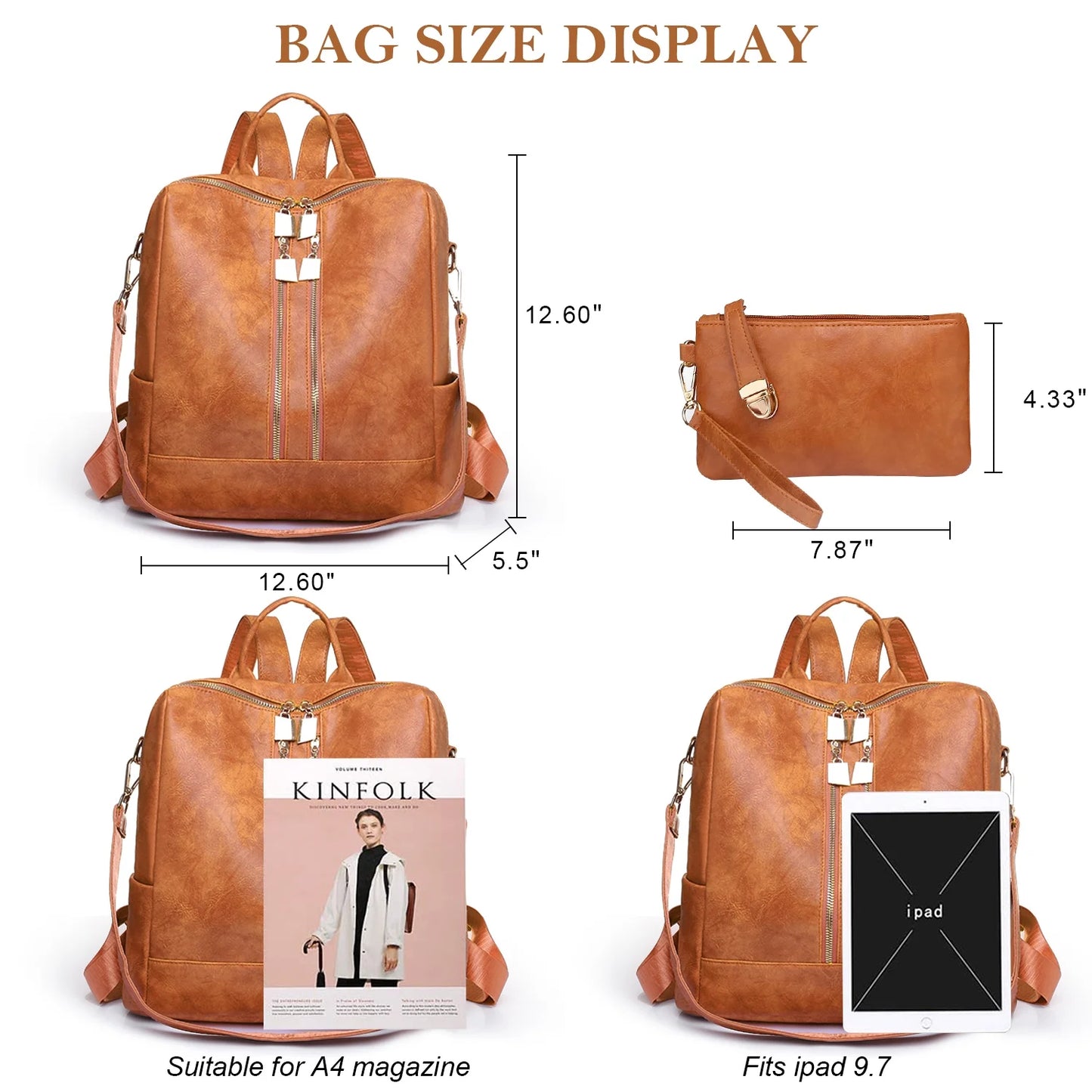 Women Backpack Purses Fashion Leather Backpack Purse 2PCS Travel Backpack Convertible Satchel Handbag Shoulder Bag with Purse