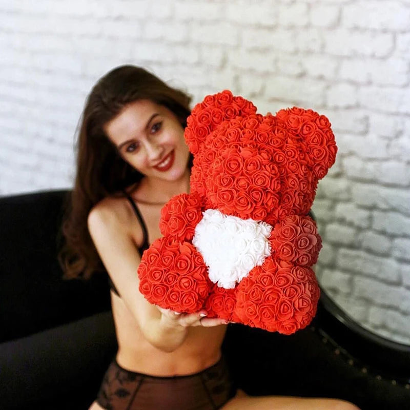 Red Rose Bear 40Cm Bear of Roses Artificial Flower Rose Teddy Bear for Women Valentine'S Day Wedding Birthday Christmas Gift