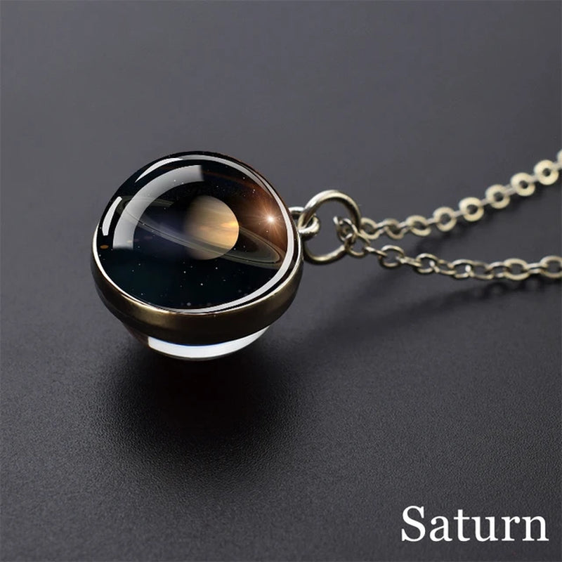 Solar System Universe Space Moon Sun Earth Planet Necklaces Two-Sided Glass Ball Pendant Nebula Necklace Women Men Jewelry Gift