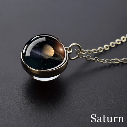 Solar System Universe Space Moon Sun Earth Planet Necklaces Two-Sided Glass Ball Pendant Nebula Necklace Women Men Jewelry Gift