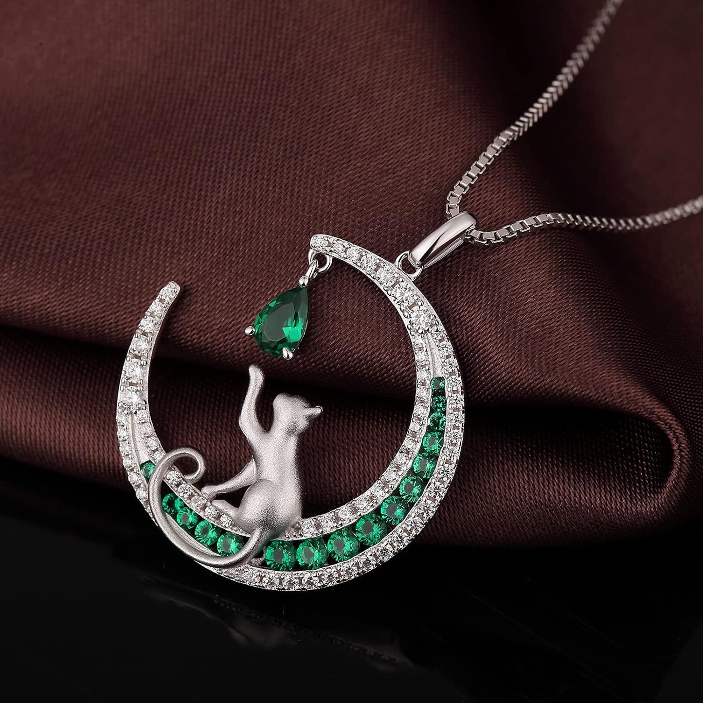 Lovely Cat Necklace for Women, 925 Sterling Silver Cat on Moon Necklace with 5A+ Cubic Zirconia, Cat Jewelry Cat Pendant for Cat Lover