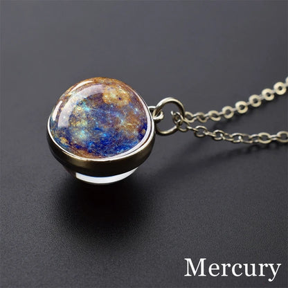 Solar System Universe Space Moon Sun Earth Planet Necklaces Two-Sided Glass Ball Pendant Nebula Necklace Women Men Jewelry Gift