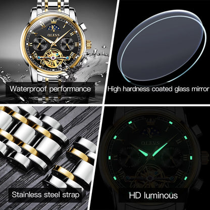 Automatic Watches for Men Skeleton Mechanical Self Winding Luxury Business Dress Mens Watches Moon Phase Day Date Waterproof Luminous Reloj with Gift Box, Male 6617C