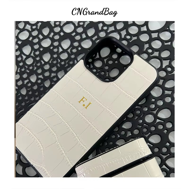 Customized Initials Gift Set Crocodile Pattern Leather Phone Case for Iphone Keychain Card Holder Gift Box Set Business Gift Set