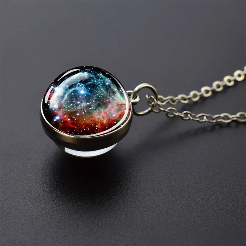 Solar System Universe Space Moon Sun Earth Planet Necklaces Two-Sided Glass Ball Pendant Nebula Necklace Women Men Jewelry Gift