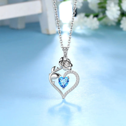 925 Sterling Silver Birthstone Necklace Rose Flower Heart Pendant Jewelry Gifts for Women