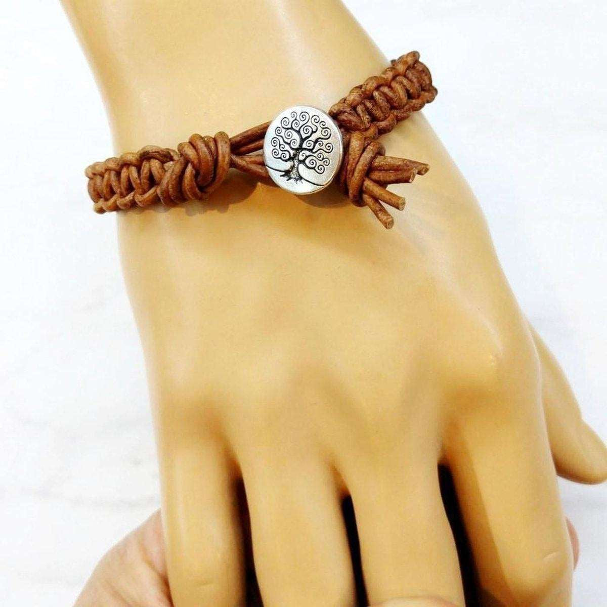 Large Mens Tree of Life Earth Colored Macrame Leather Bracelet