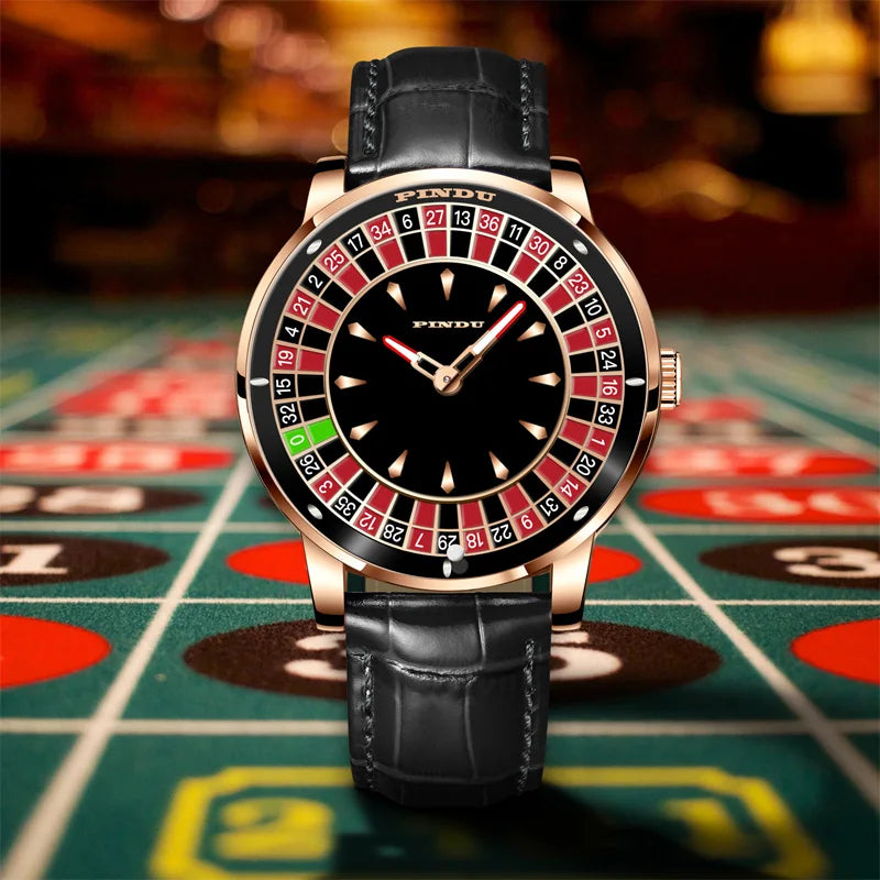 INDU Design New Mechanical Watch NH35 Rotating Dial Las Vegas Roulette Deskto Theme Automatic Watch Men Diamond Luminous Hands