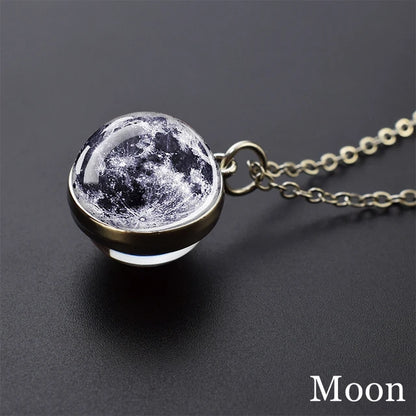 Solar System Universe Space Moon Sun Earth Planet Necklaces Two-Sided Glass Ball Pendant Nebula Necklace Women Men Jewelry Gift