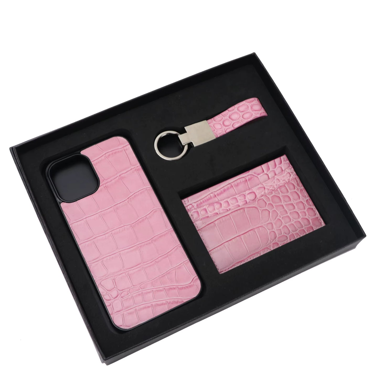 Customized Initials Gift Set Crocodile Pattern Leather Phone Case for Iphone Keychain Card Holder Gift Box Set Business Gift Set