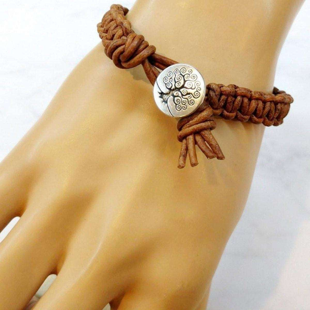 Large Mens Tree of Life Earth Colored Macrame Leather Bracelet