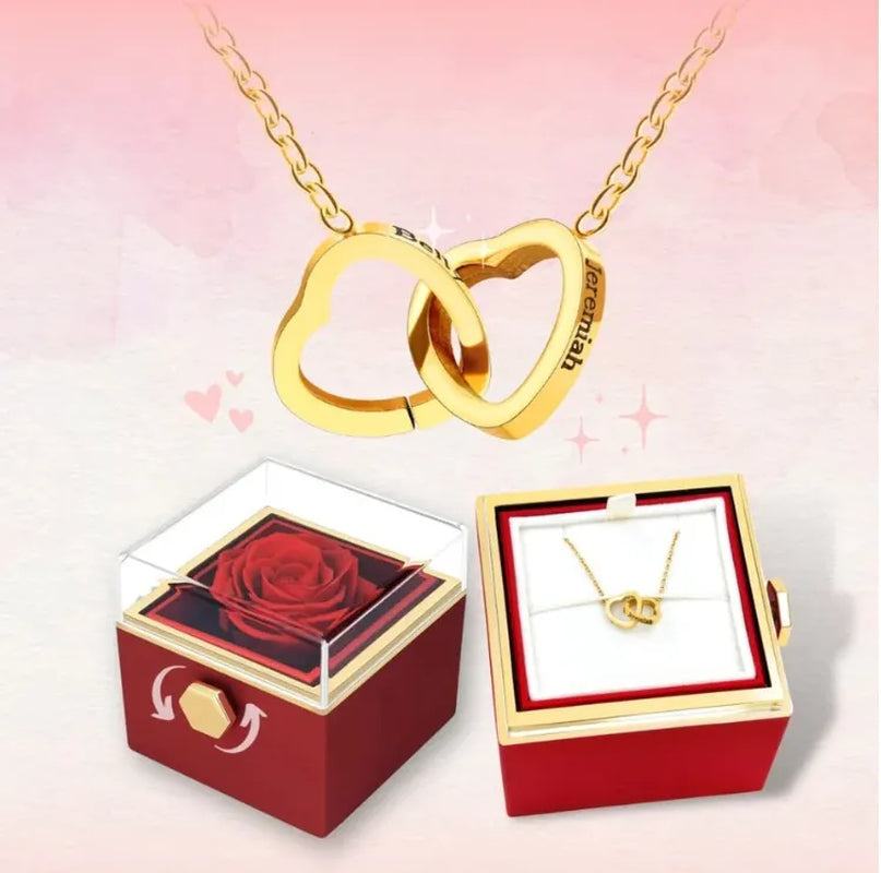 Custom Double Heart Engraved Name Steel Necklace Eternal Rose Box for Women Valentine'S Day Gift 2024