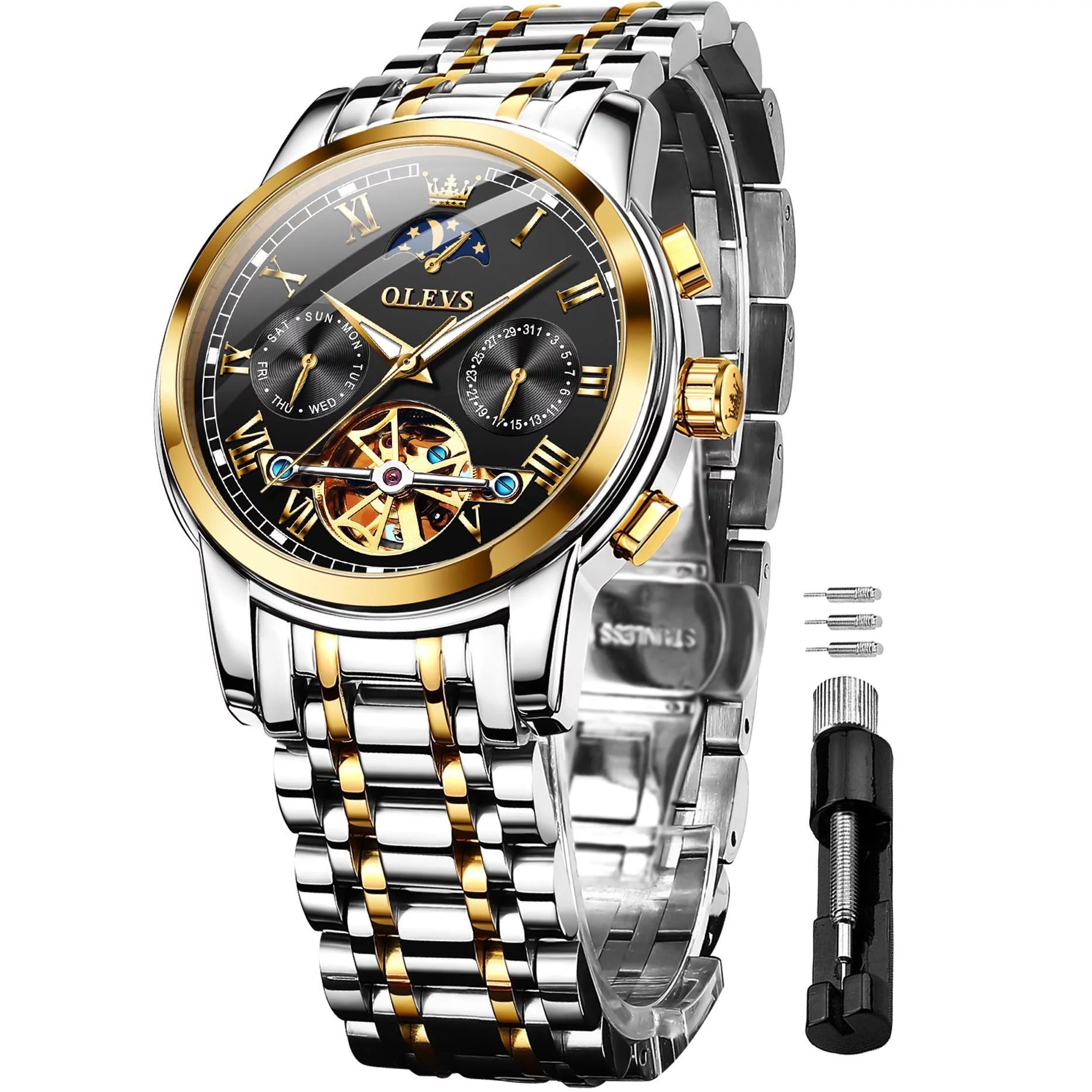 Automatic Watches for Men Skeleton Mechanical Self Winding Luxury Business Dress Mens Watches Moon Phase Day Date Waterproof Luminous Reloj with Gift Box, Male 6617C