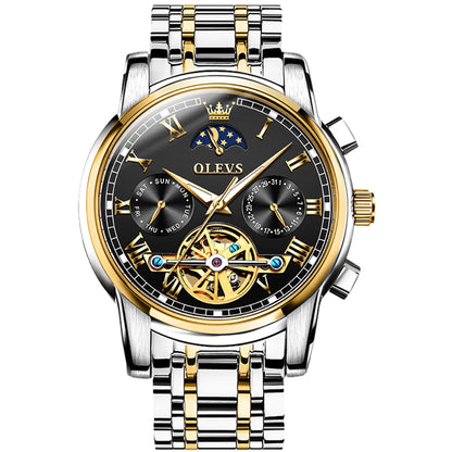 Automatic Watches for Men Skeleton Mechanical Self Winding Luxury Business Dress Mens Watches Moon Phase Day Date Waterproof Luminous Reloj with Gift Box, Male 6617C