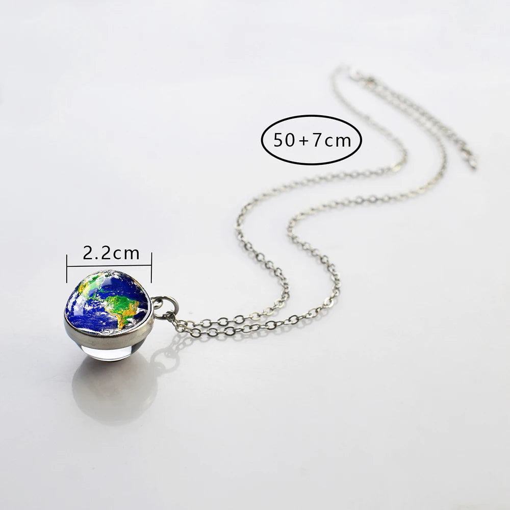 Solar System Universe Space Moon Sun Earth Planet Necklaces Two-Sided Glass Ball Pendant Nebula Necklace Women Men Jewelry Gift