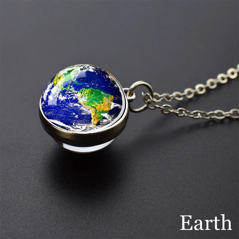 Solar System Universe Space Moon Sun Earth Planet Necklaces Two-Sided Glass Ball Pendant Nebula Necklace Women Men Jewelry Gift