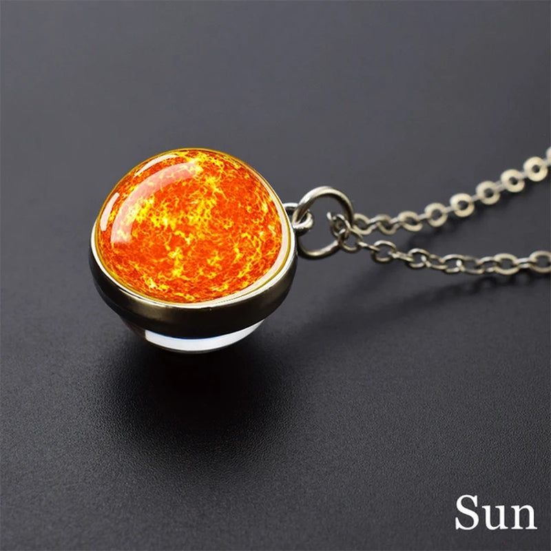 Solar System Universe Space Moon Sun Earth Planet Necklaces Two-Sided Glass Ball Pendant Nebula Necklace Women Men Jewelry Gift