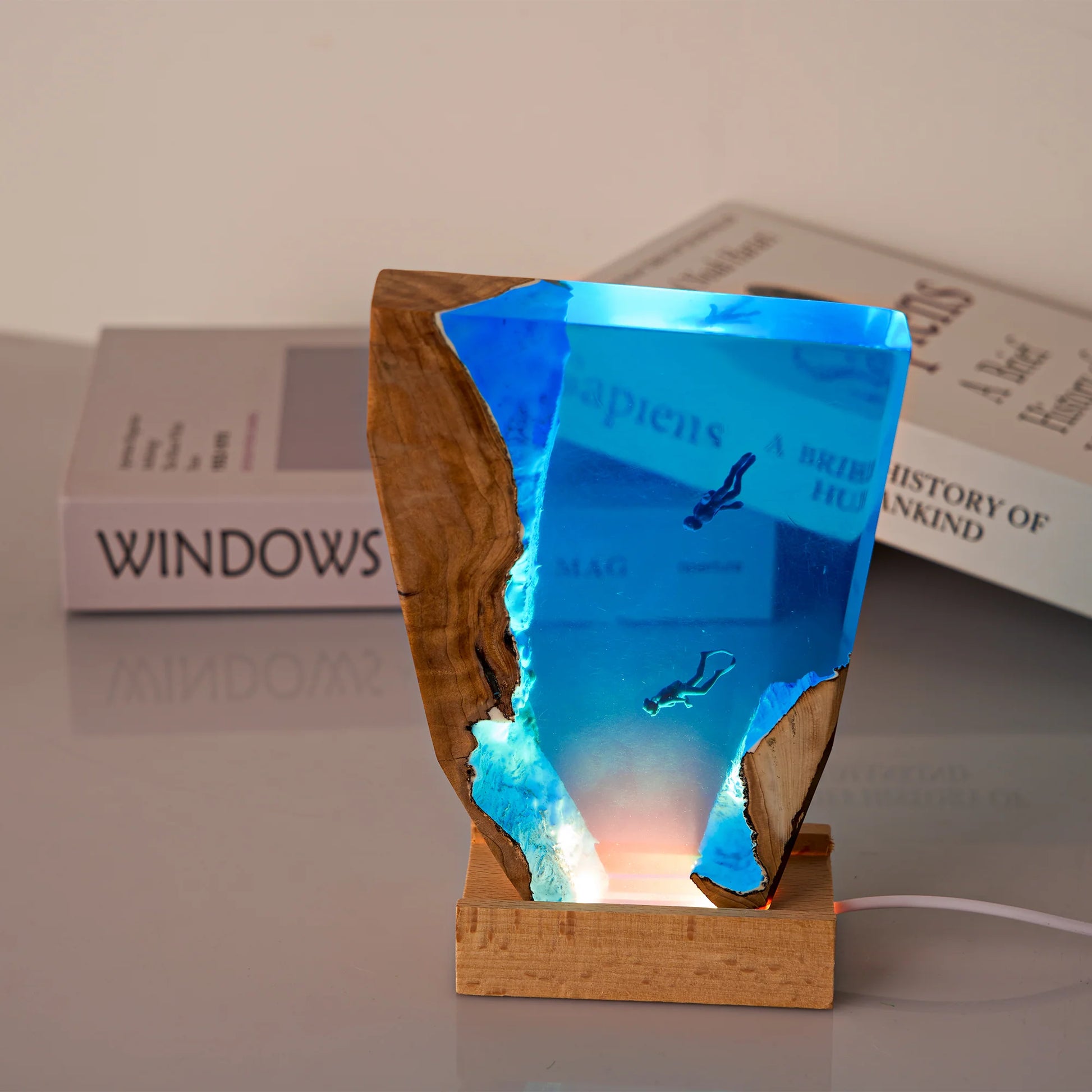 Resin Ocean Lamp,Shark and Diver Resin Wood Lamp