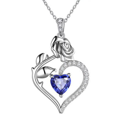 925 Sterling Silver Heart Rose Birthstone Necklace - Fine Jewelry for Mother's Day, Anniversaries, Birthdays, and Christmas Gifts for Women and Girls