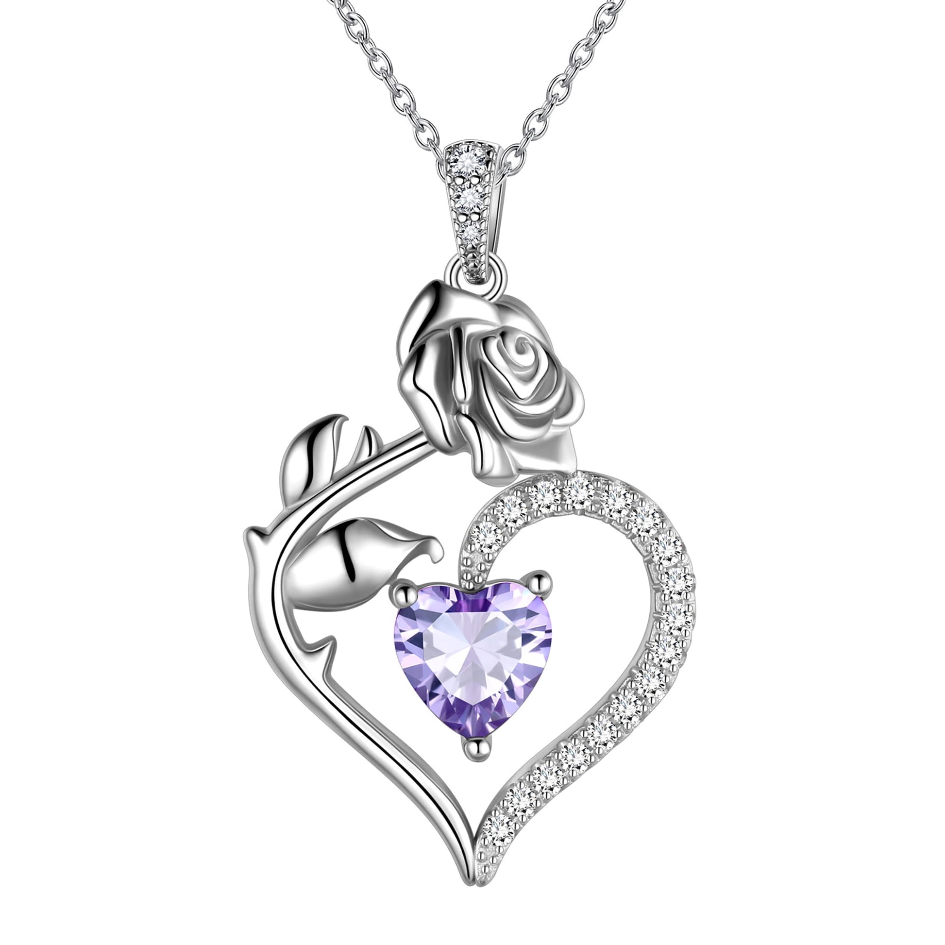 925 Sterling Silver Birthstone Necklace Rose Flower Heart Pendant Jewelry Gifts for Women