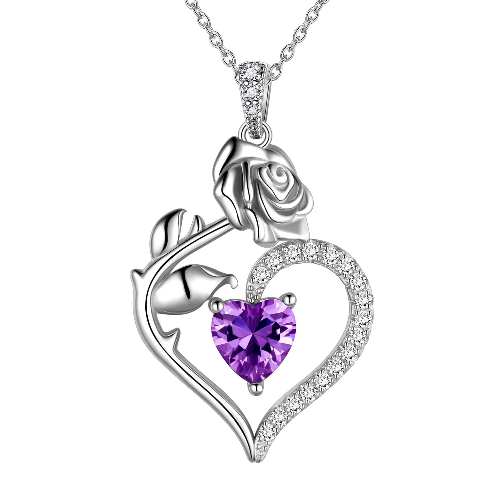 925 Sterling Silver Birthstone Necklace Rose Flower Heart Pendant Jewelry Gifts for Women