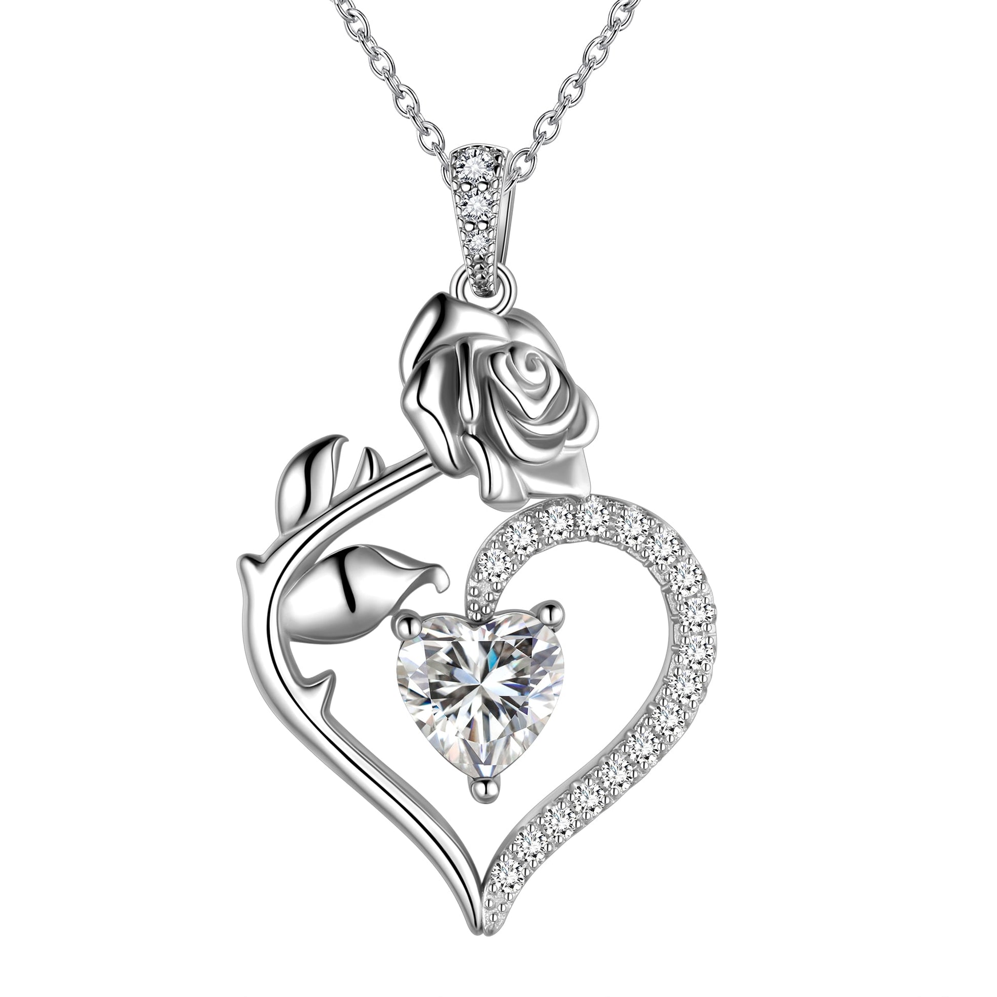 925 Sterling Silver Birthstone Necklace Rose Flower Heart Pendant Jewelry Gifts for Women