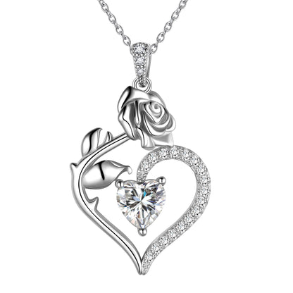 925 Sterling Silver Birthstone Necklace Rose Flower Heart Pendant Jewelry Gifts for Women