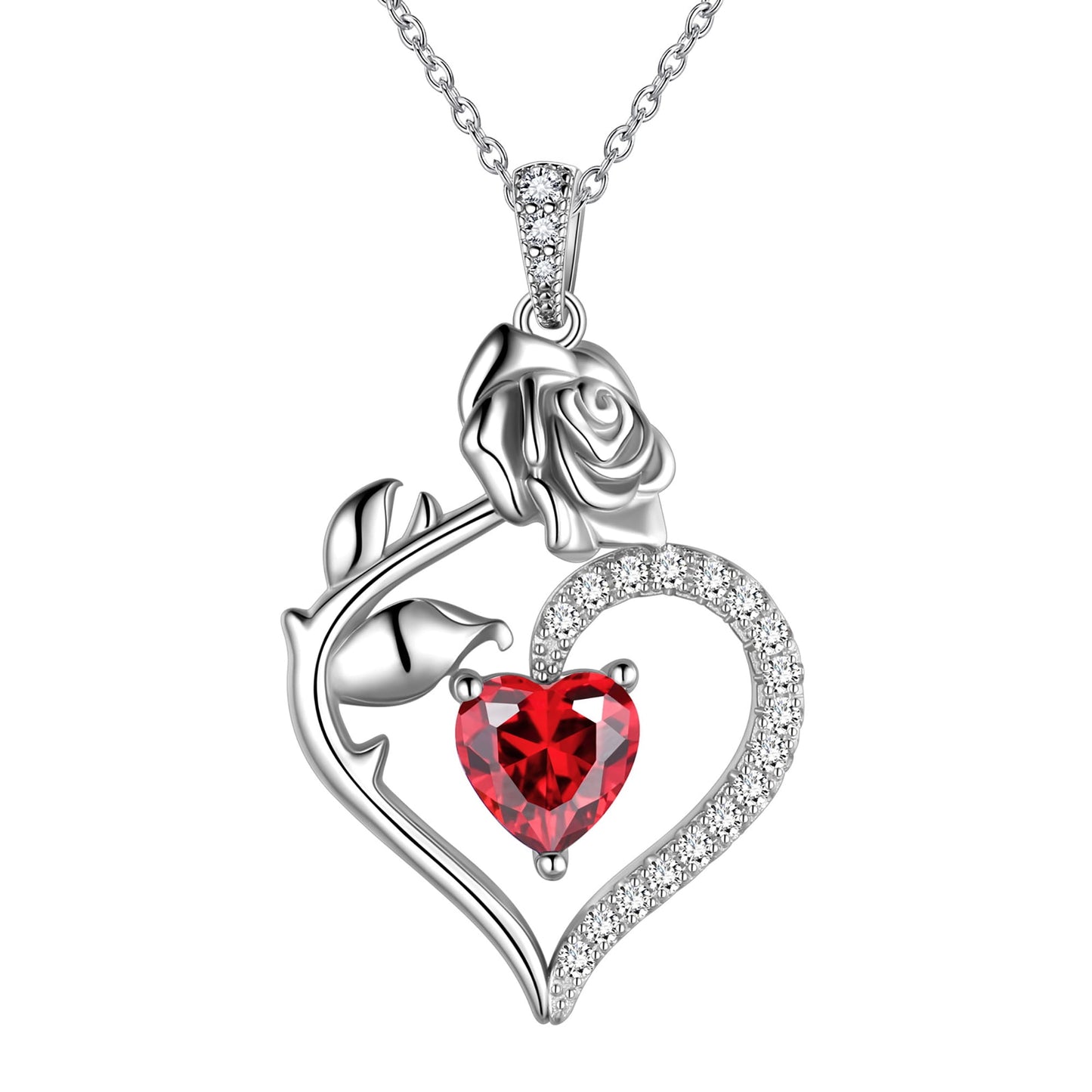 925 Sterling Silver Birthstone Necklace Rose Flower Heart Pendant Jewelry Gifts for Women