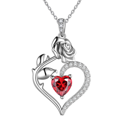 925 Sterling Silver Birthstone Necklace Rose Flower Heart Pendant Jewelry Gifts for Women