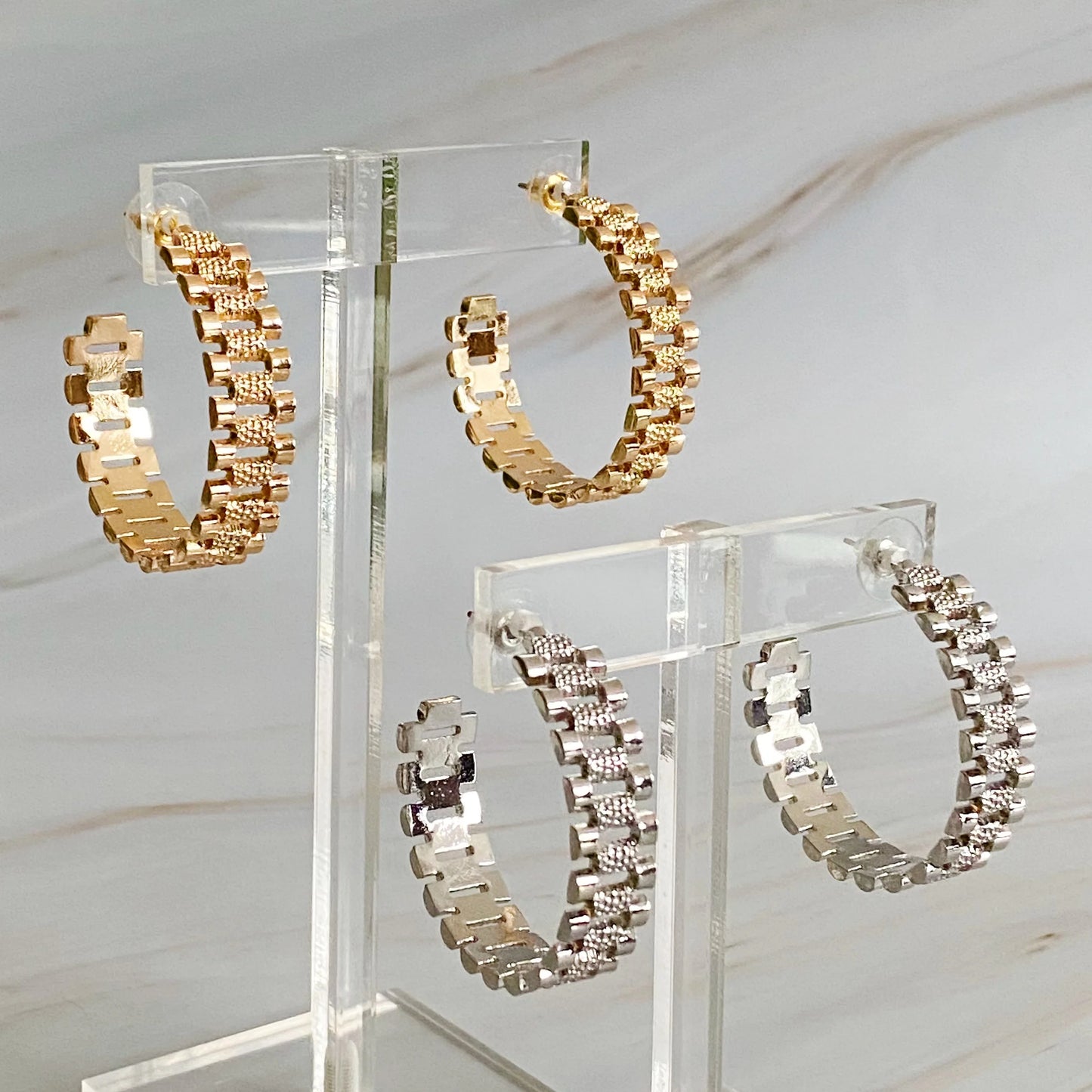 Introducing Our Golden Watch Band Hoop Earrings: Elevate Your Style with Timeless Elegance