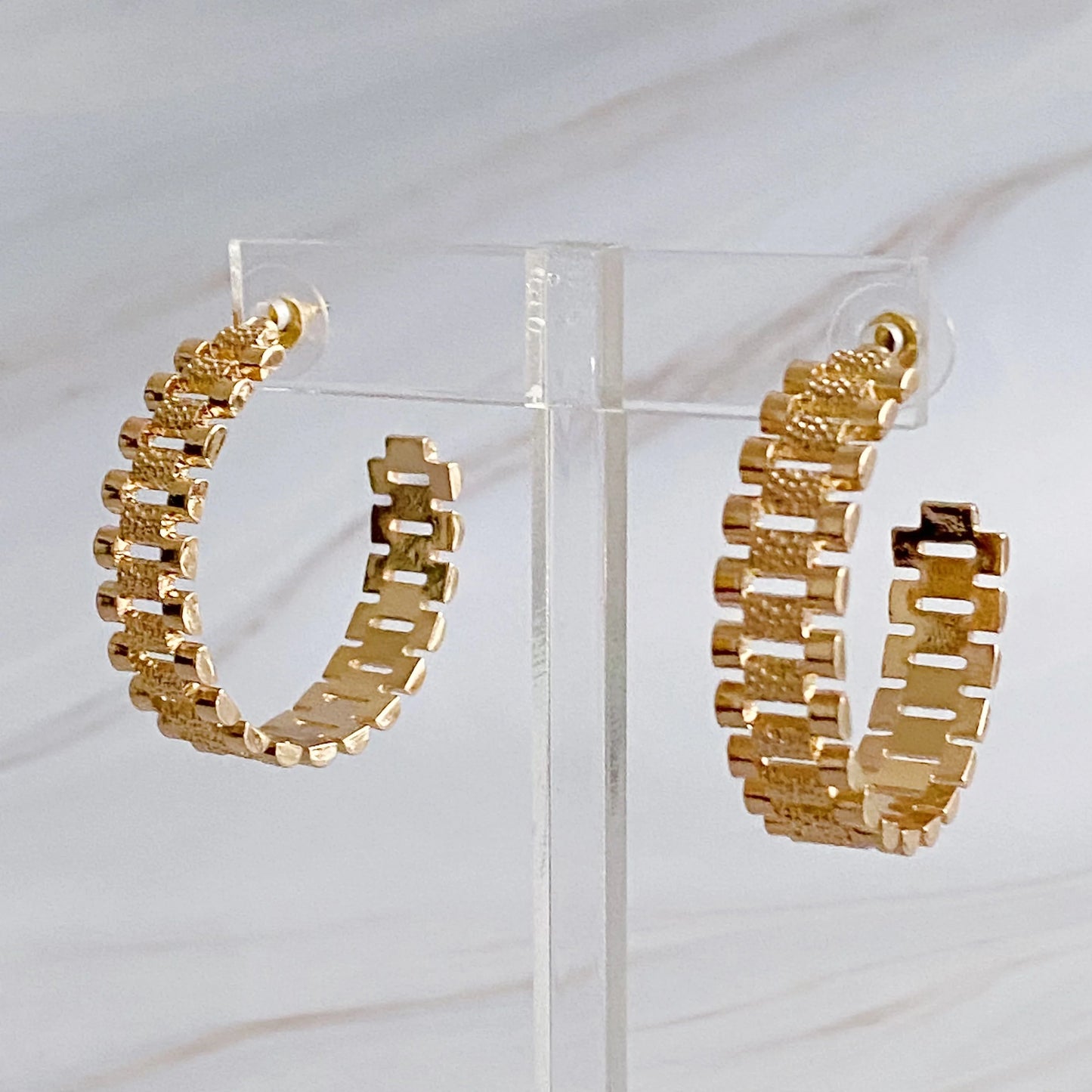 Introducing Our Golden Watch Band Hoop Earrings: Elevate Your Style with Timeless Elegance