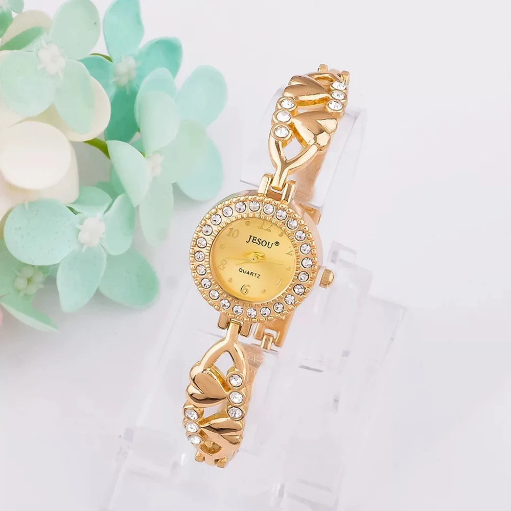 Women Bracelet Watch Set Gold Crystal Design Necklace Earrings Ring Female Jewelry Set Quartz Watch Women’S Gifts for Valentine