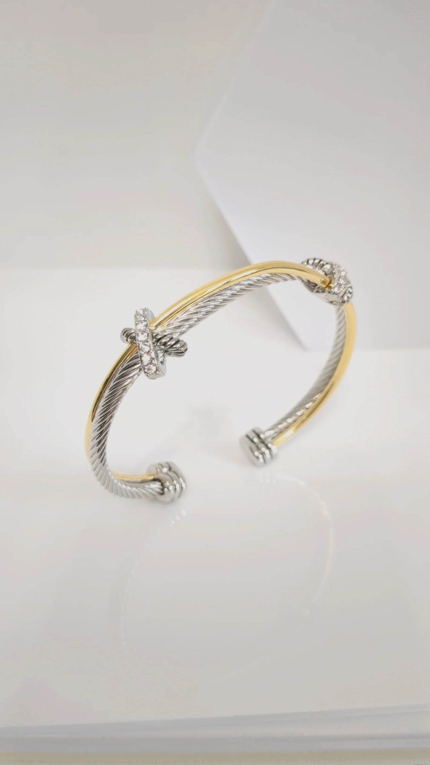 Two Tone Double X Bangle Bracelet with Simulated Diamonds Accents