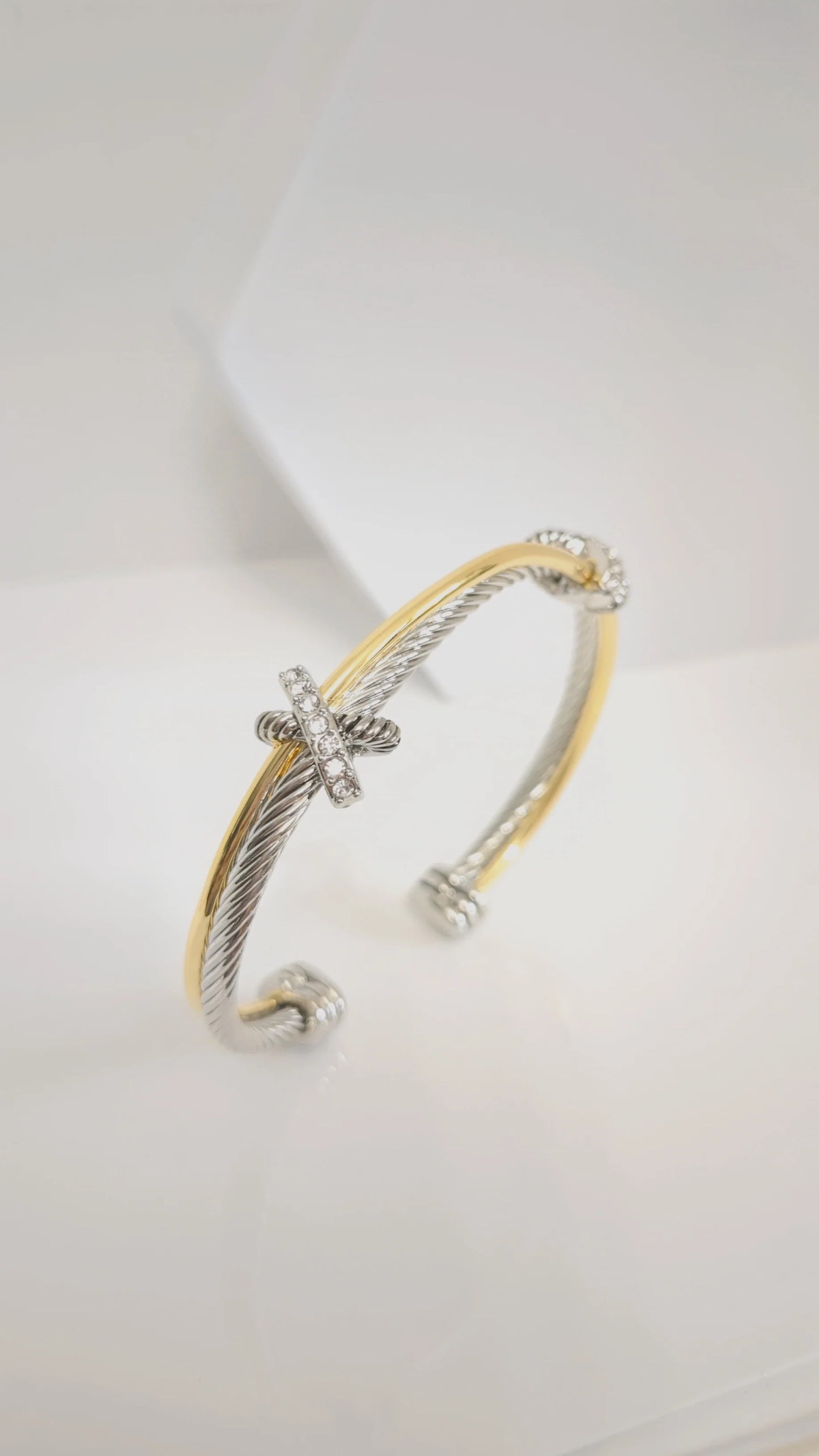 Two Tone Double X Bangle Bracelet with Simulated Diamonds Accents