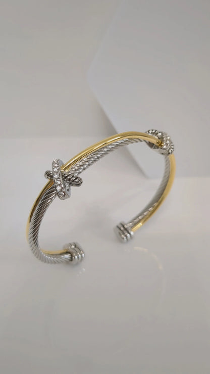 Two Tone Double X Bangle Bracelet with Simulated Diamonds Accents