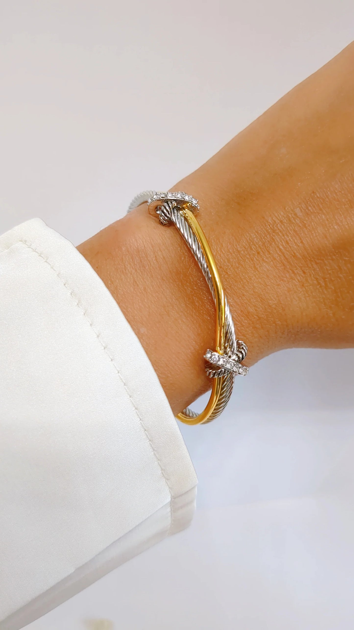 Two Tone Double X Bangle Bracelet with Simulated Diamonds Accents