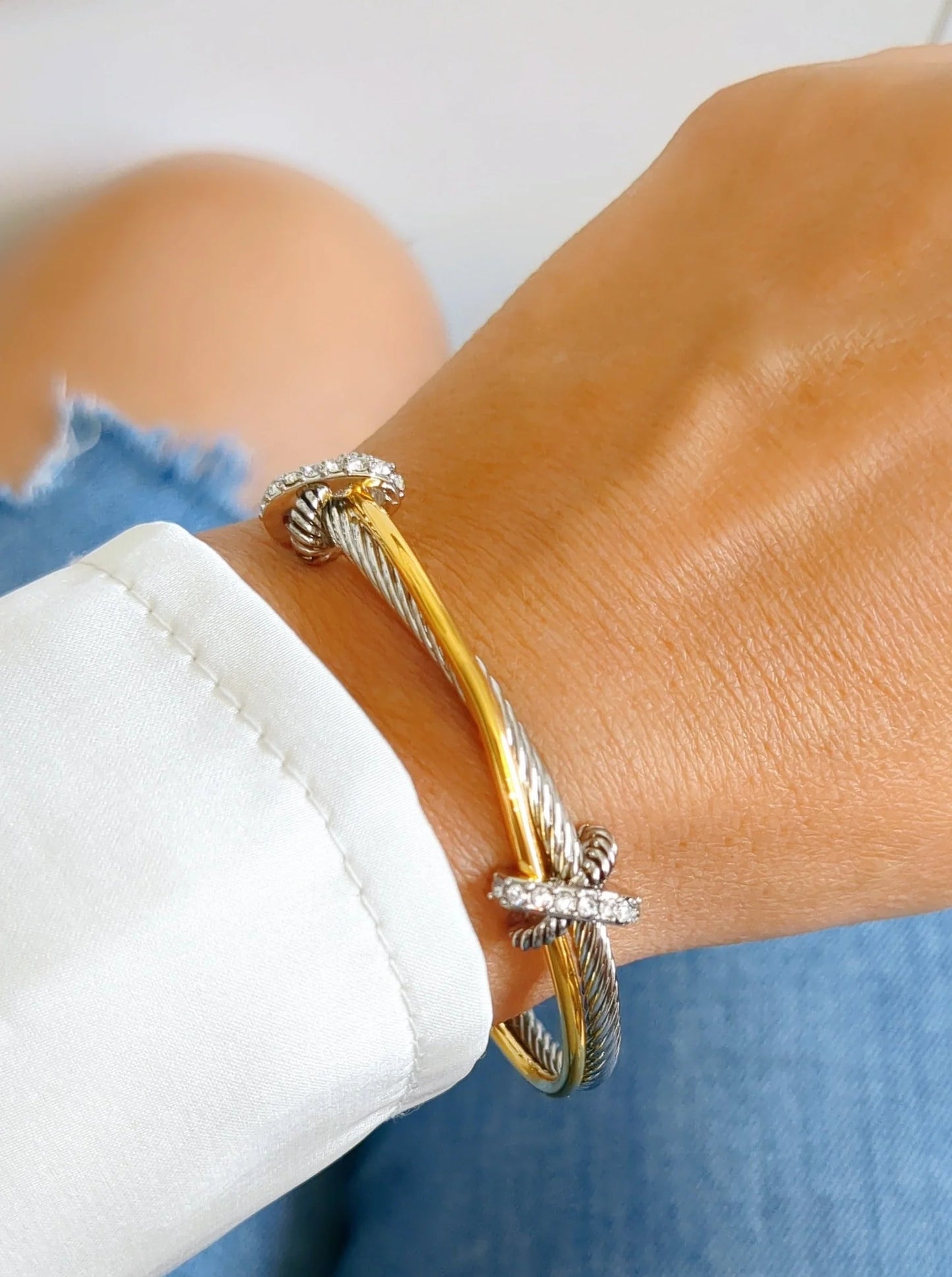 Two Tone Double X Bangle Bracelet with Simulated Diamonds Accents