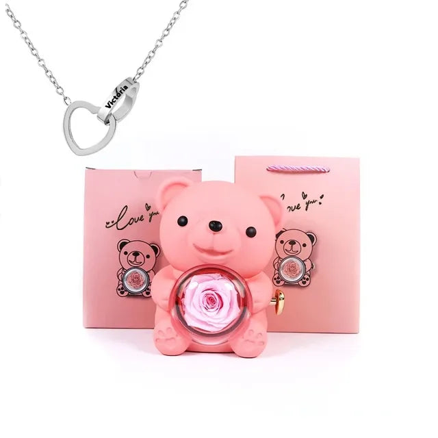 Eternal Rose Teddy Bear Gifts Box with Necklace Rotate Rose Jewelry Box Valentine Wedding Storage Gift Case for Women Girlfriend