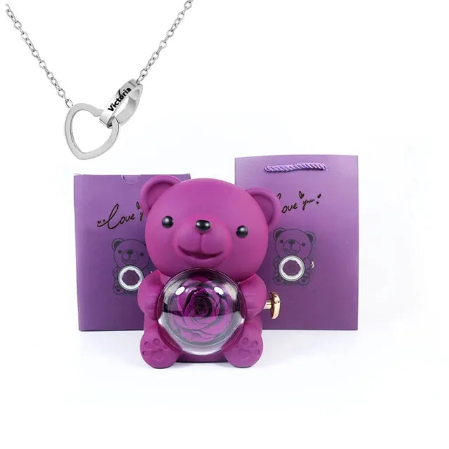 Eternal Rose Teddy Bear Gifts Box with Necklace Rotate Rose Jewelry Box Valentine Wedding Storage Gift Case for Women Girlfriend