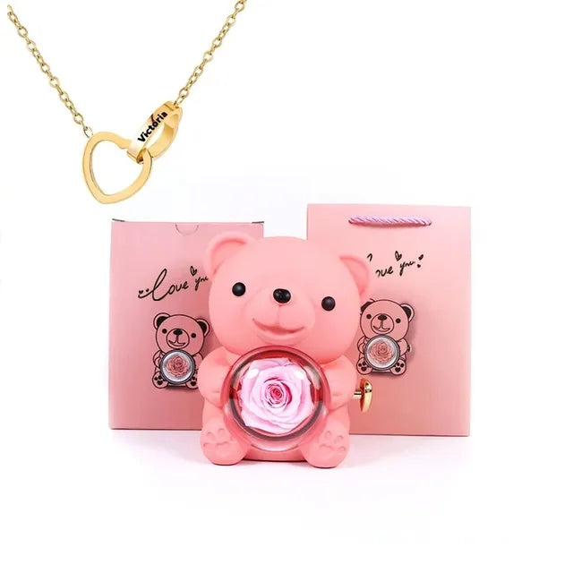 Eternal Rose Teddy Bear Gifts Box with Necklace Rotate Rose Jewelry Box Valentine Wedding Storage Gift Case for Women Girlfriend