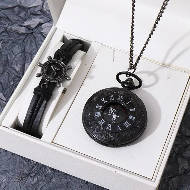 Luxury Fashion Chain Smooth Steel Polish Quartz Pocket Watch Mens Pendant Clock Chain Mens Women Leather Bracelet