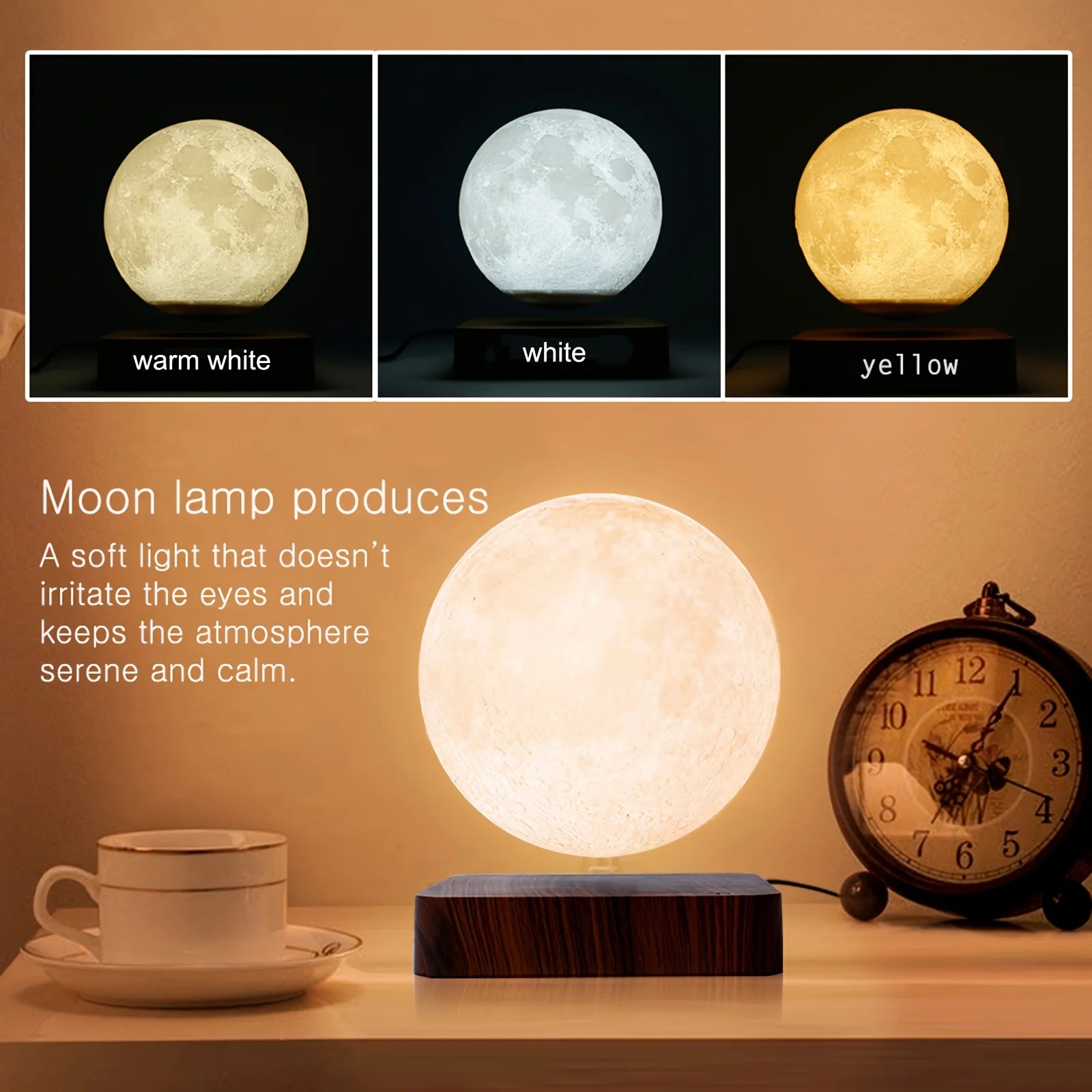 Levitating Moon Magnetic Floating Night Light, Creative Table 3D Printed LED Lamp with Wooden Base for Gift Office Bedroom Home