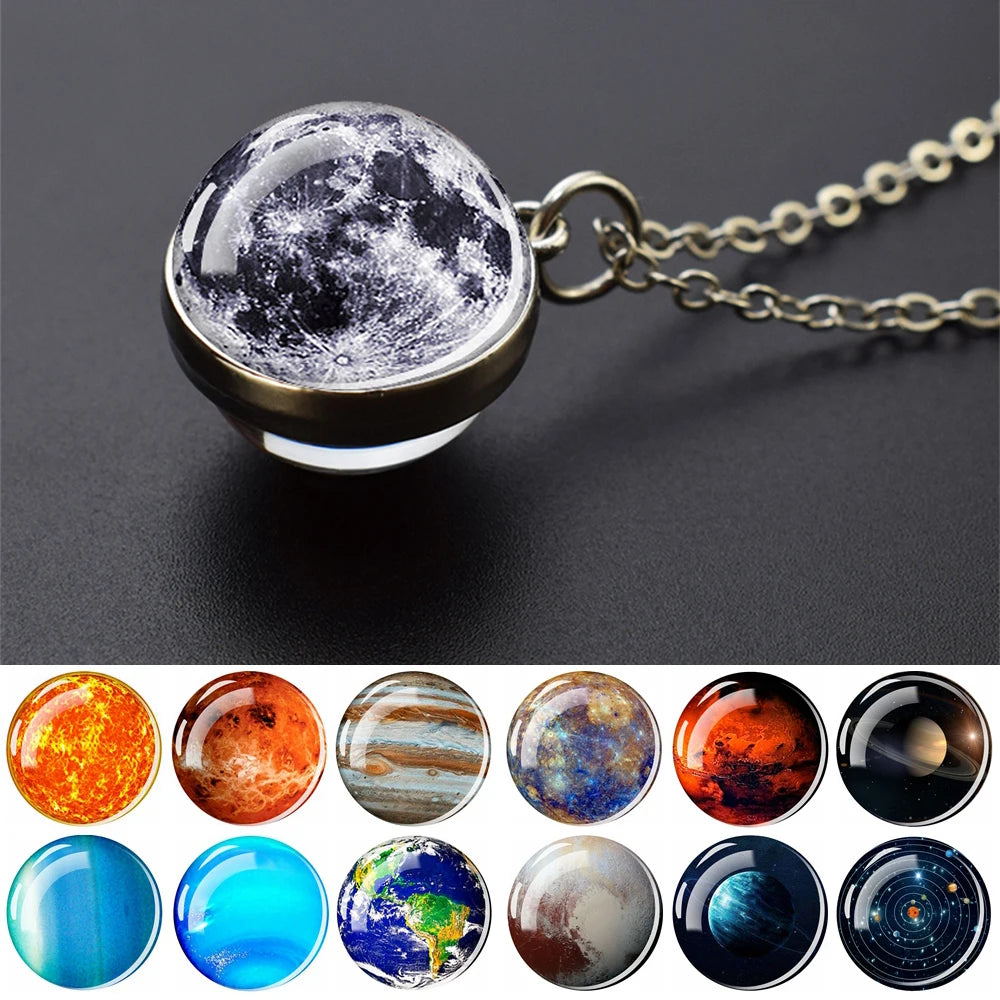 Solar System Universe Space Moon Sun Earth Planet Necklaces Two-Sided Glass Ball Pendant Nebula Necklace Women Men Jewelry Gift